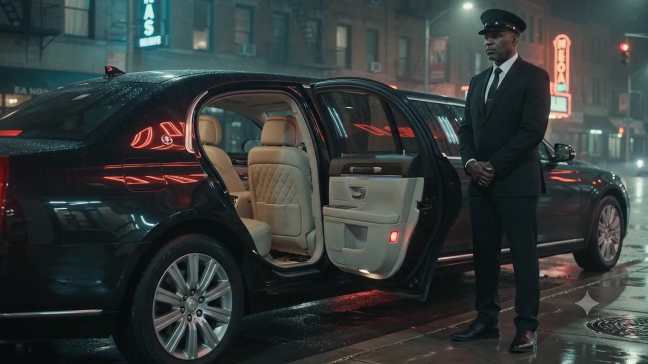 The stretch limousine in neon rain
