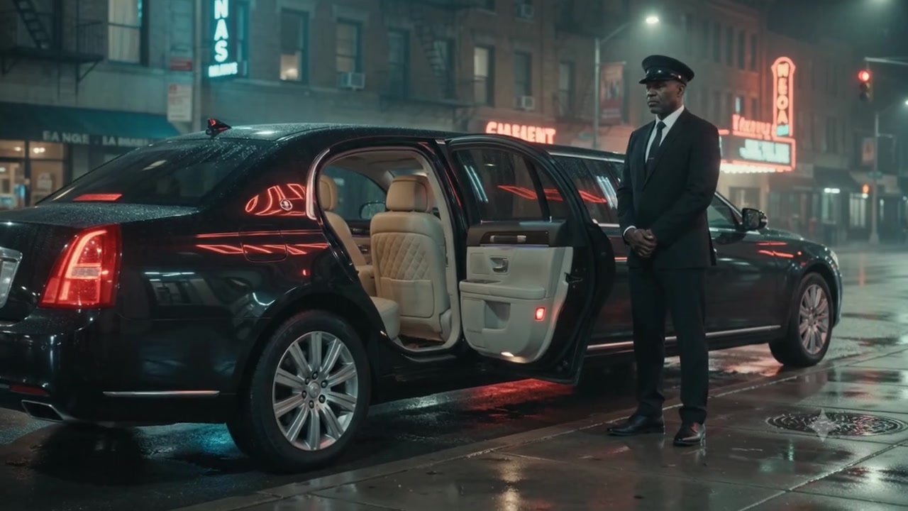 The Chauffeur beside the stretch limousine, night street